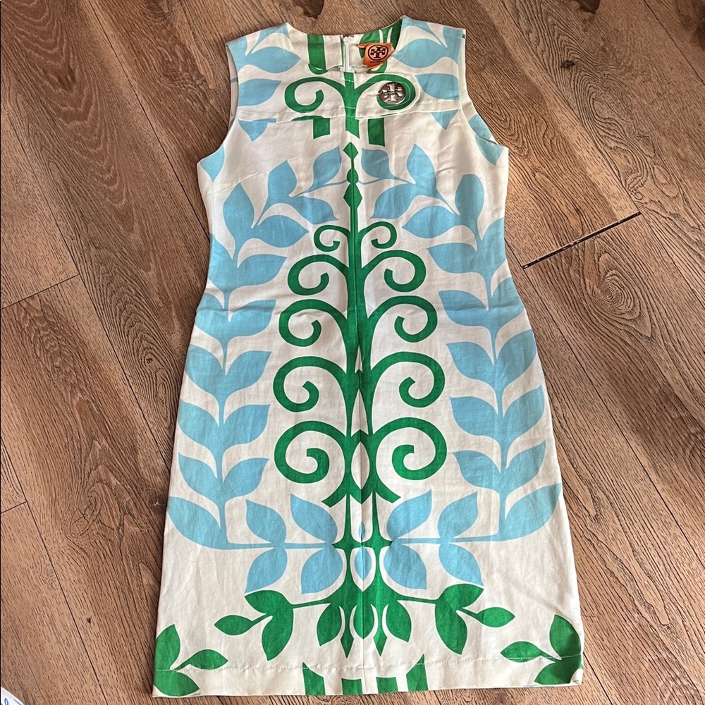 Tory Burch Cream and Blue-Green Patterned Midi Dress